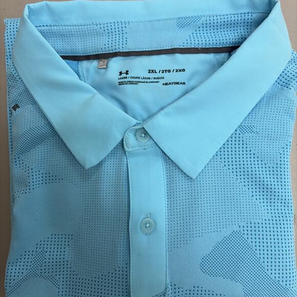 Under Amour Polo Golf Shirt Mens 2XL Heatgear Light Blue Camouflage Mesh - Picture 2 of 8